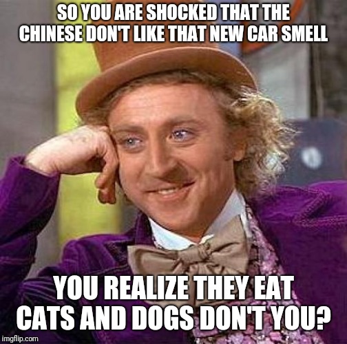 Ford is patenting a process to eliminate that smell  | SO YOU ARE SHOCKED THAT THE CHINESE DON'T LIKE THAT NEW CAR SMELL; YOU REALIZE THEY EAT CATS AND DOGS DON'T YOU? | image tagged in memes,creepy condescending wonka | made w/ Imgflip meme maker