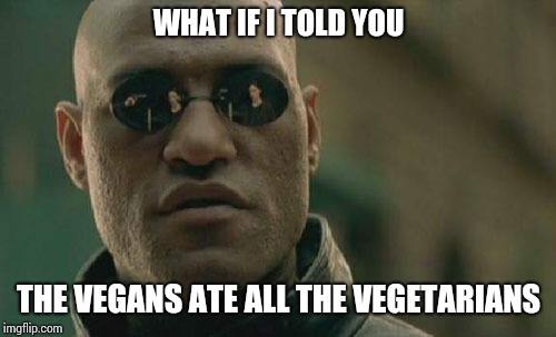 Matrix Morpheus Meme | WHAT IF I TOLD YOU THE VEGANS ATE ALL THE VEGETARIANS | image tagged in memes,matrix morpheus | made w/ Imgflip meme maker