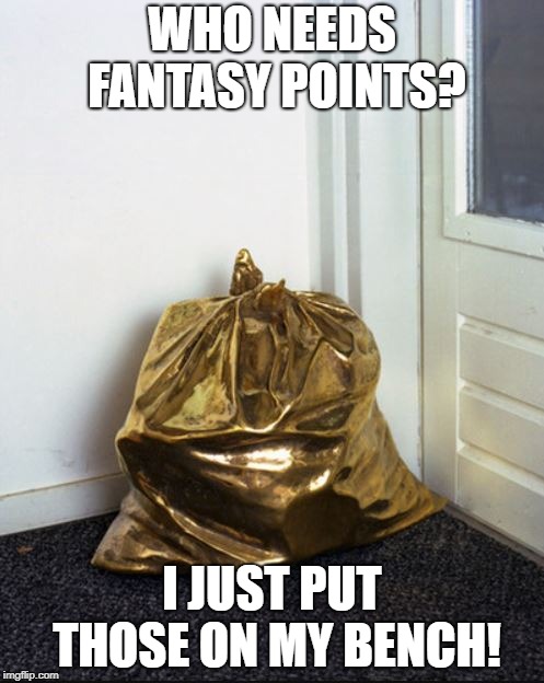 golden garbage | WHO NEEDS FANTASY POINTS? I JUST PUT THOSE ON MY BENCH! | image tagged in golden garbage | made w/ Imgflip meme maker