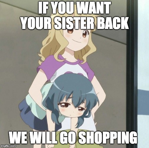 Anime Carry | IF YOU WANT YOUR SISTER BACK; WE WILL GO SHOPPING | image tagged in anime carry | made w/ Imgflip meme maker