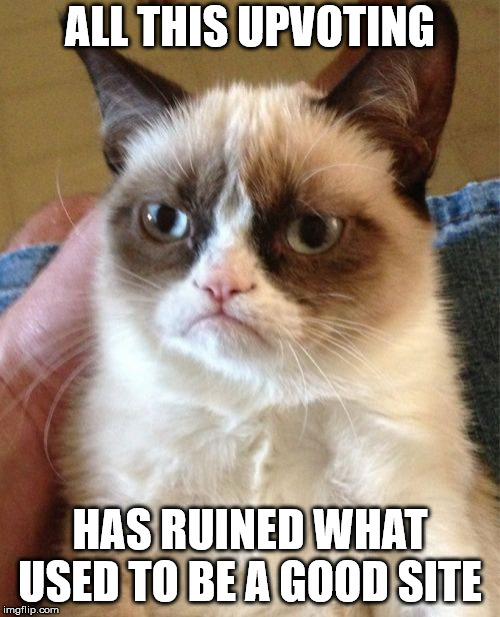 Grumpy Cat Meme | ALL THIS UPVOTING; HAS RUINED WHAT USED TO BE A GOOD SITE | image tagged in memes,grumpy cat | made w/ Imgflip meme maker