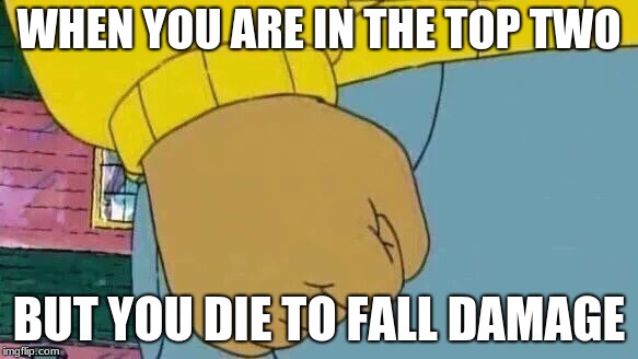 Arthur Fist Meme | WHEN YOU ARE IN THE TOP TWO; BUT YOU DIE TO FALL DAMAGE | image tagged in memes,arthur fist | made w/ Imgflip meme maker