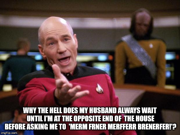 Patrick Stewart "why the hell..." | WHY THE HELL DOES MY HUSBAND ALWAYS WAIT UNTIL I'M AT THE OPPOSITE END OF 
THE HOUSE BEFORE ASKING ME TO 
'MERM FRNER MERFFERR BRENERFER!'? | image tagged in patrick stewart why the hell | made w/ Imgflip meme maker