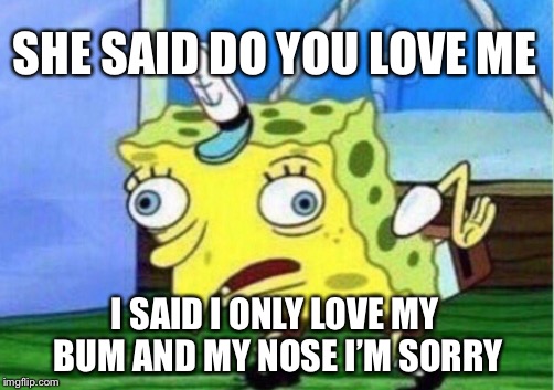 Mocking Spongebob | SHE SAID DO YOU LOVE ME; I SAID I ONLY LOVE MY BUM AND MY NOSE I’M SORRY | image tagged in memes,mocking spongebob | made w/ Imgflip meme maker