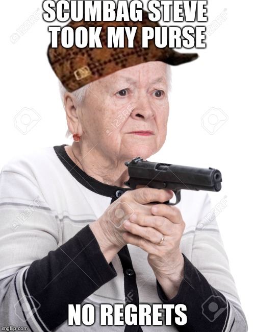 Grandma Gun | SCUMBAG STEVE TOOK MY PURSE; NO REGRETS | image tagged in grandma gun,scumbag | made w/ Imgflip meme maker
