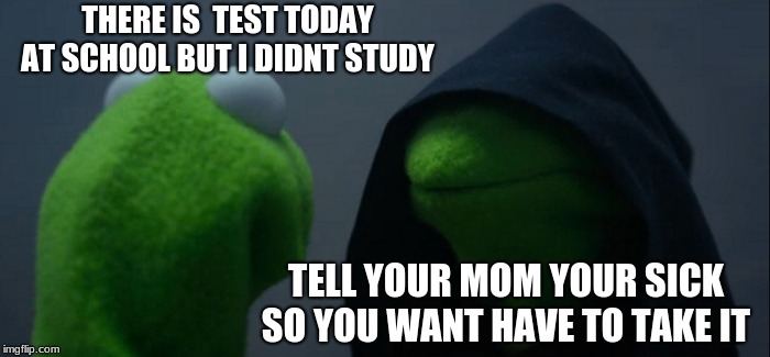 School life 101 | THERE IS  TEST TODAY AT SCHOOL BUT I DIDNT STUDY; TELL YOUR MOM YOUR SICK SO YOU WANT HAVE TO TAKE IT | image tagged in memes,evil kermit | made w/ Imgflip meme maker