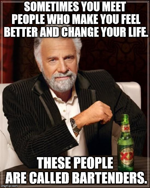 The Most Interesting Man In The World Meme | SOMETIMES YOU MEET PEOPLE WHO MAKE YOU FEEL BETTER AND CHANGE YOUR LIFE. THESE PEOPLE ARE CALLED BARTENDERS. | image tagged in memes,the most interesting man in the world | made w/ Imgflip meme maker