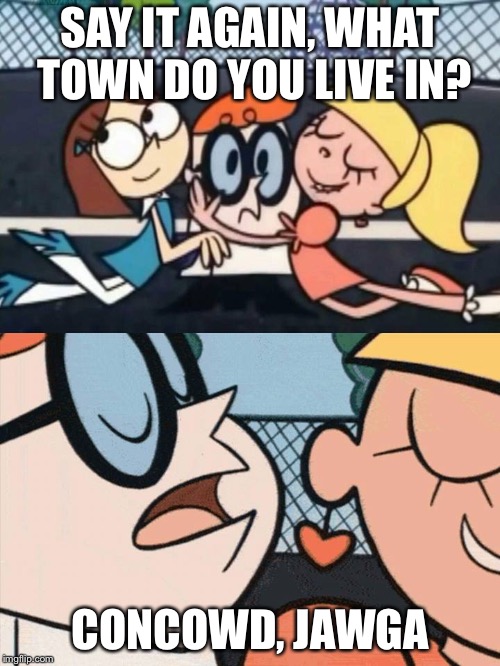 Dexters Lab Accent | SAY IT AGAIN,
WHAT TOWN DO YOU LIVE IN? CONCOWD, JAWGA | image tagged in dexters lab accent | made w/ Imgflip meme maker