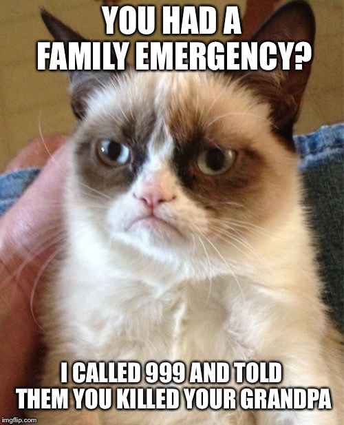 Grumpy Cat | YOU HAD A FAMILY EMERGENCY? I CALLED 999 AND TOLD THEM YOU KILLED YOUR GRANDPA | image tagged in memes,grumpy cat | made w/ Imgflip meme maker