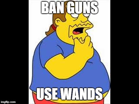 Worst activist ever | BAN GUNS; USE WANDS | image tagged in worst activist ever | made w/ Imgflip meme maker