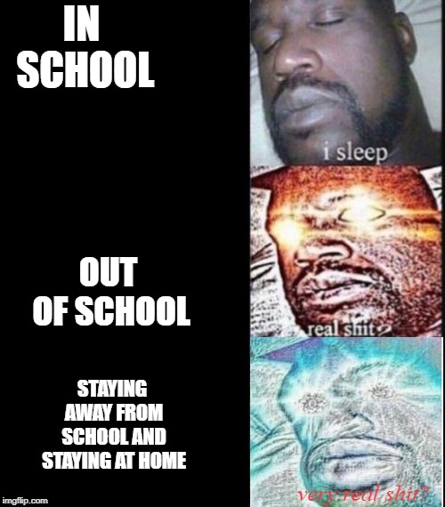 i sleep, real shit?, very real shit? | IN SCHOOL OUT OF SCHOOL STAYING AWAY FROM SCHOOL AND STAYING AT HOME | image tagged in i sleep real shit very real shit | made w/ Imgflip meme maker