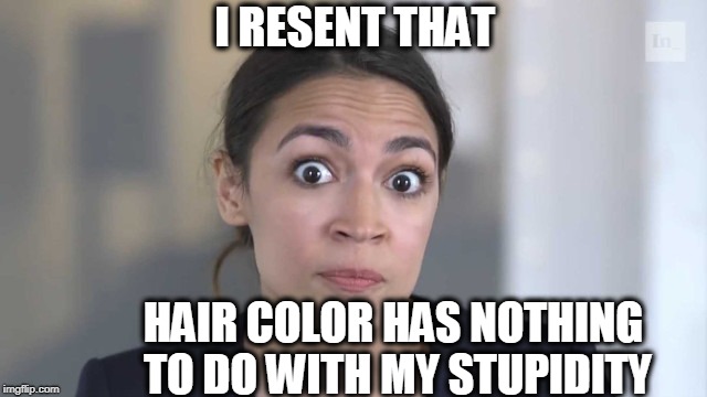 Crazy Alexandria Ocasio-Cortez | I RESENT THAT HAIR COLOR HAS NOTHING TO DO WITH MY STUPIDITY | image tagged in crazy alexandria ocasio-cortez | made w/ Imgflip meme maker