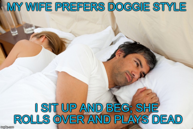 DOGGIE STYLE | MY WIFE PREFERS DOGGIE STYLE; I SIT UP AND BEG; SHE ROLLS OVER AND PLAYS DEAD | image tagged in been there | made w/ Imgflip meme maker
