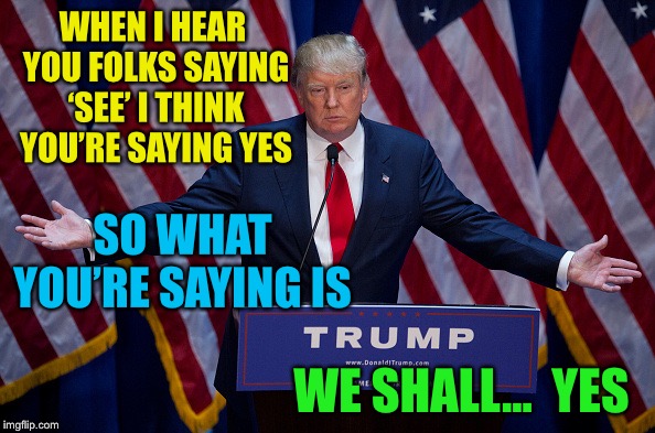 Donald Trump | WHEN I HEAR YOU FOLKS SAYING ‘SEE’ I THINK YOU’RE SAYING YES WE SHALL...  YES SO WHAT YOU’RE SAYING IS | image tagged in donald trump | made w/ Imgflip meme maker