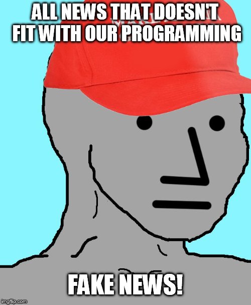 MAGA NPC | ALL NEWS THAT DOESN'T FIT WITH OUR PROGRAMMING FAKE NEWS! | image tagged in maga npc | made w/ Imgflip meme maker