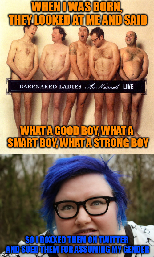 "I'm so brave, too bad I'm a baby" | WHEN I WAS BORN, THEY LOOKED AT ME AND SAID; WHAT A GOOD BOY, WHAT A SMART BOY, WHAT A STRONG BOY; SO I DOXXED THEM ON TWITTER AND SUED THEM FOR ASSUMING MY GENDER | image tagged in memes,sjws,did you just assume my gender | made w/ Imgflip meme maker