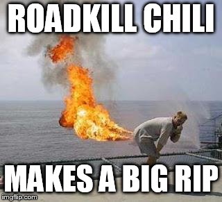 Fart | ROADKILL CHILI MAKES A BIG RIP | image tagged in fart | made w/ Imgflip meme maker
