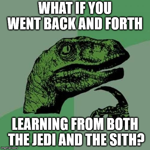 Philosoraptor | WHAT IF YOU WENT BACK AND FORTH; LEARNING FROM BOTH THE JEDI AND THE SITH? | image tagged in memes,philosoraptor | made w/ Imgflip meme maker