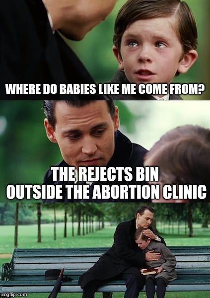 Finding Neverland Meme | WHERE DO BABIES LIKE ME COME FROM? THE REJECTS BIN OUTSIDE THE ABORTION CLINIC | image tagged in memes,finding neverland | made w/ Imgflip meme maker