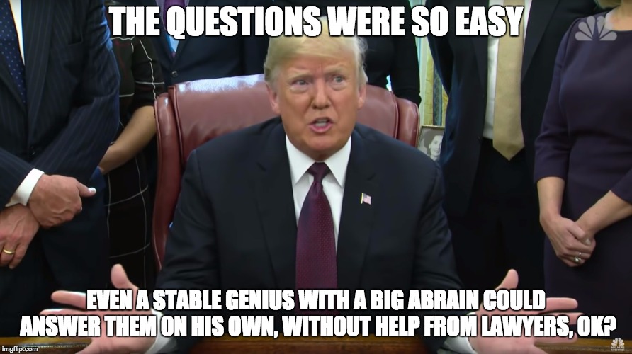 So easy..... | THE QUESTIONS WERE SO EASY; EVEN A STABLE GENIUS WITH A BIG ABRAIN COULD ANSWER THEM ON HIS OWN, WITHOUT HELP FROM LAWYERS, OK? | image tagged in memes,trump,easy questions,mueller | made w/ Imgflip meme maker
