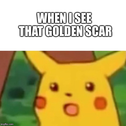 Surprised Pikachu Meme | WHEN I SEE THAT GOLDEN SCAR | image tagged in memes,surprised pikachu | made w/ Imgflip meme maker