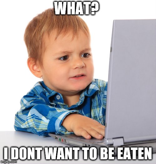 Confused kid on the net | WHAT? I DONT WANT TO BE EATEN | image tagged in confused kid on the net | made w/ Imgflip meme maker