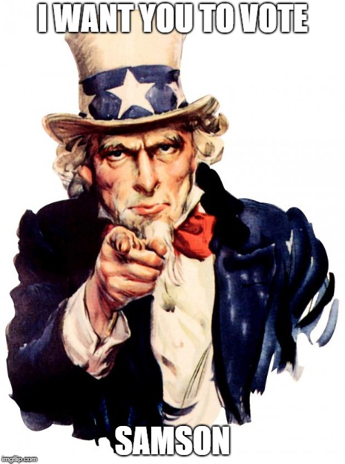 Uncle Sam Meme | I WANT YOU TO VOTE; SAMSON | image tagged in memes,uncle sam | made w/ Imgflip meme maker