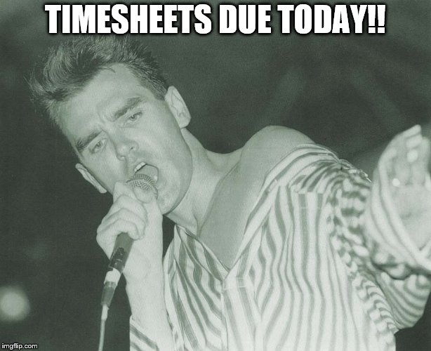 TIMESHEETS DUE
TODAY!! | image tagged in morrissey timesheets | made w/ Imgflip meme maker