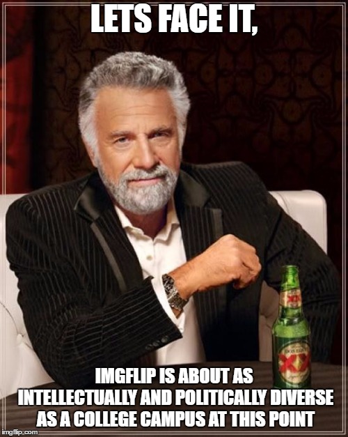 sauce | LETS FACE IT, IMGFLIP IS ABOUT AS INTELLECTUALLY AND POLITICALLY DIVERSE AS A COLLEGE CAMPUS AT THIS POINT | image tagged in memes,the most interesting man in the world | made w/ Imgflip meme maker