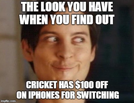 Spiderman Peter Parker Meme | THE LOOK YOU HAVE WHEN YOU FIND OUT; CRICKET HAS $100 OFF ON IPHONES FOR SWITCHING | image tagged in memes,spiderman peter parker | made w/ Imgflip meme maker