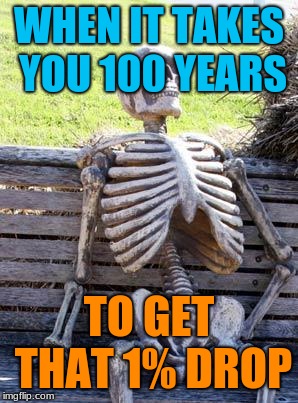 Waiting Skeleton Meme | WHEN IT TAKES YOU 100 YEARS; TO GET THAT 1% DROP | image tagged in memes,waiting skeleton | made w/ Imgflip meme maker