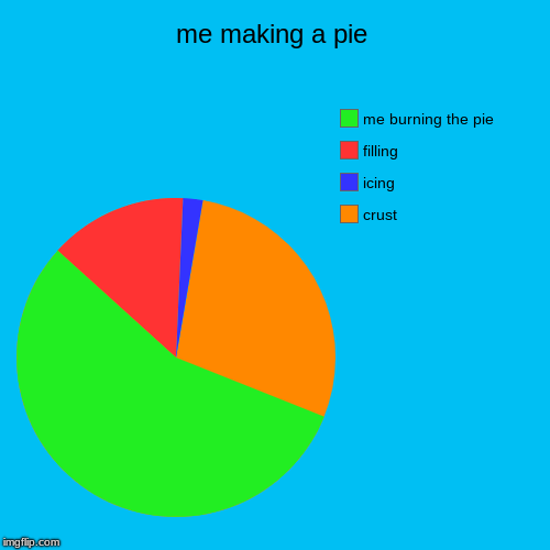 me making a pie | crust, icing, filling, me burning the pie | image tagged in funny,pie charts | made w/ Imgflip chart maker
