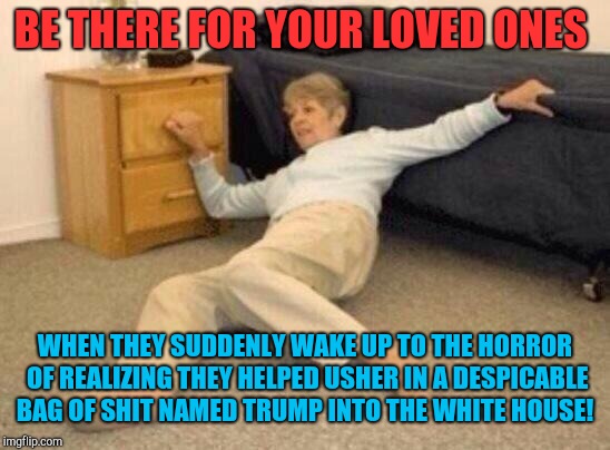 Help me!  I can't handle the terror I unleashed!  | BE THERE FOR YOUR LOVED ONES; WHEN THEY SUDDENLY WAKE UP TO THE HORROR OF REALIZING THEY HELPED USHER IN A DESPICABLE BAG OF SHIT NAMED TRUMP INTO THE WHITE HOUSE! | image tagged in woman falling in shock,donald trump,republicans,white supremacists,kkk | made w/ Imgflip meme maker