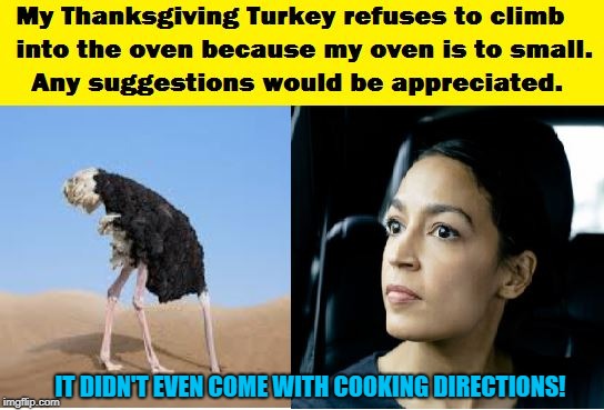 Ocasio Thanksgiving  | IT DIDN'T EVEN COME WITH COOKING DIRECTIONS! | image tagged in deranged social,communist,special kind of stupid | made w/ Imgflip meme maker