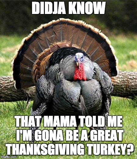i made this meme, then realized how depressing it is.  | DIDJA KNOW; THAT MAMA TOLD ME I'M GONA BE A GREAT THANKSGIVING TURKEY? | image tagged in thanksgiving day | made w/ Imgflip meme maker
