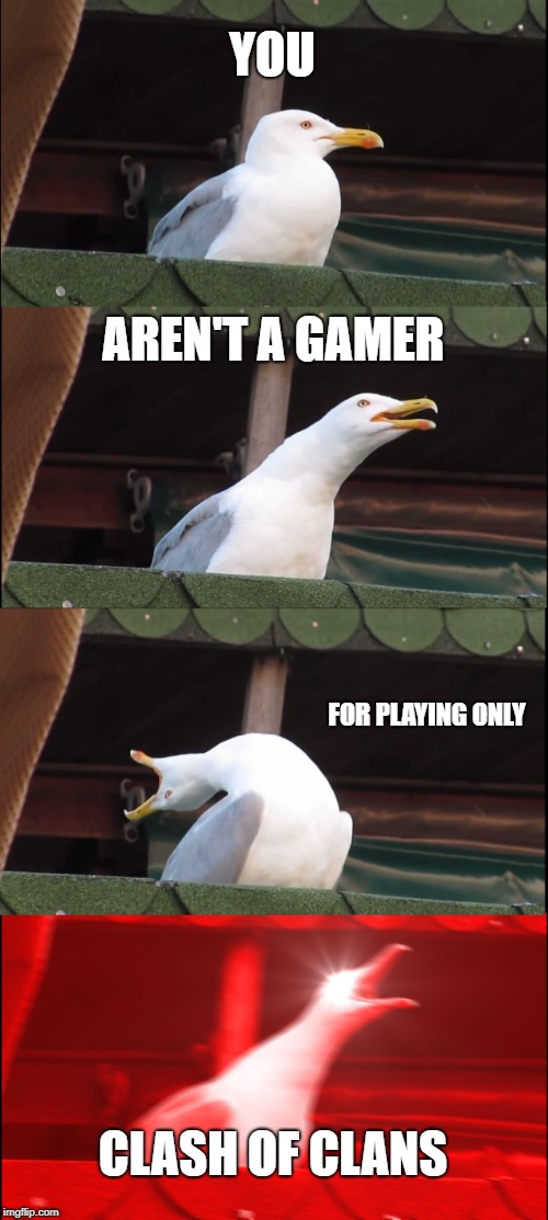 Inhaling Seagull | YOU; AREN'T A GAMER; FOR PLAYING ONLY; CLASH OF CLANS | image tagged in memes,inhaling seagull | made w/ Imgflip meme maker