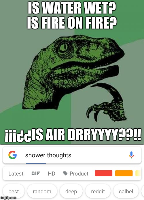 IS WATER WET? IS FIRE ON FIRE? ¡¡¡¿¿IS AIR DRRYYYY??!! | image tagged in memes,philosoraptor | made w/ Imgflip meme maker