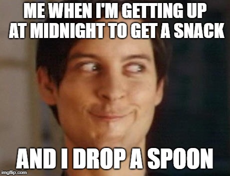 Spiderman Peter Parker Meme | ME WHEN I'M GETTING UP AT MIDNIGHT TO GET A SNACK; AND I DROP A SPOON | image tagged in memes,spiderman peter parker | made w/ Imgflip meme maker