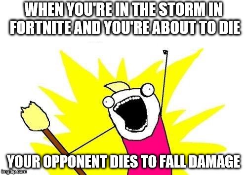 X All The Y | WHEN YOU'RE IN THE STORM IN FORTNITE AND YOU'RE ABOUT TO DIE; YOUR OPPONENT DIES TO FALL DAMAGE | image tagged in memes,x all the y | made w/ Imgflip meme maker