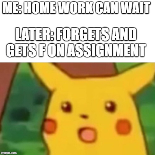 homework  | ME: HOME WORK CAN WAIT; LATER: FORGETS AND GETS F ON ASSIGNMENT | image tagged in memes,surprised pikachu,funny | made w/ Imgflip meme maker