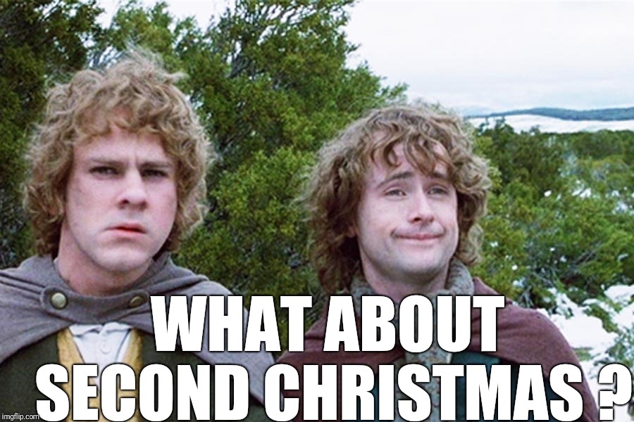 hobbits | WHAT ABOUT SECOND CHRISTMAS ? | image tagged in hobbits | made w/ Imgflip meme maker