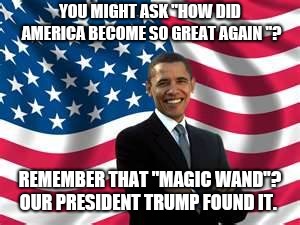 Obama Meme | YOU MIGHT ASK "HOW DID AMERICA BECOME SO GREAT AGAIN "? REMEMBER THAT "MAGIC WAND"? OUR PRESIDENT TRUMP FOUND IT. | image tagged in memes,obama | made w/ Imgflip meme maker