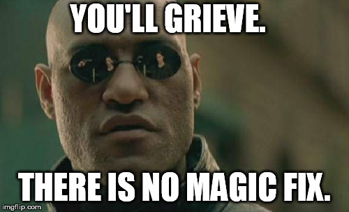 Matrix Morpheus Meme | YOU'LL GRIEVE. THERE IS NO MAGIC FIX. | image tagged in memes,matrix morpheus | made w/ Imgflip meme maker