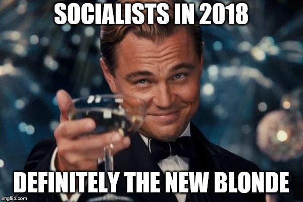 Leonardo Dicaprio Cheers Meme | SOCIALISTS IN 2018 DEFINITELY THE NEW BLONDE | image tagged in memes,leonardo dicaprio cheers | made w/ Imgflip meme maker