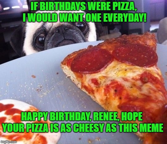 Pizza Pug | IF BIRTHDAYS WERE PIZZA, I WOULD WANT ONE EVERYDAY! HAPPY BIRTHDAY, RENEE, HOPE YOUR PIZZA IS AS CHEESY AS THIS MEME | image tagged in pizza pug | made w/ Imgflip meme maker