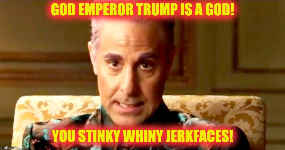 Hunger Games - Caesar Flickerman/Stanley Tucci "The fact is" | GOD EMPEROR TRUMP IS A GOD! YOU STINKY WHINY JERKFACES! | image tagged in hunger games - caesar flickerman/stanley tucci the fact is | made w/ Imgflip meme maker