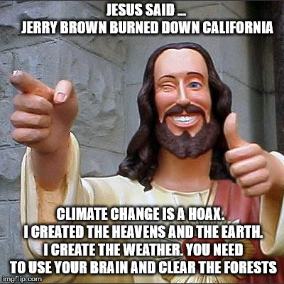 Buddy Christ | JESUS SAID ...          JERRY BROWN BURNED DOWN CALIFORNIA; CLIMATE CHANGE IS A HOAX.  I CREATED THE HEAVENS AND THE EARTH. I CREATE THE WEATHER. YOU NEED TO USE YOUR BRAIN AND CLEAR THE FORESTS | image tagged in memes,buddy christ | made w/ Imgflip meme maker