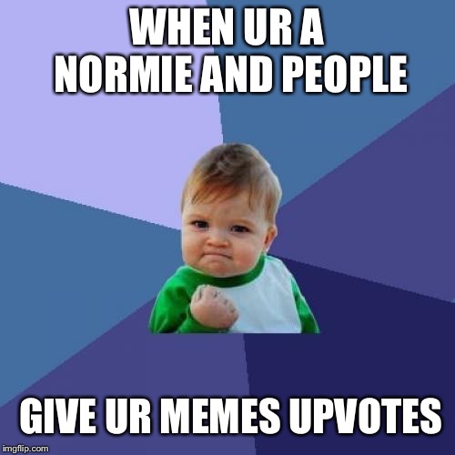 Success Kid Meme | WHEN UR A NORMIE AND PEOPLE; GIVE UR MEMES UPVOTES | image tagged in memes,success kid | made w/ Imgflip meme maker