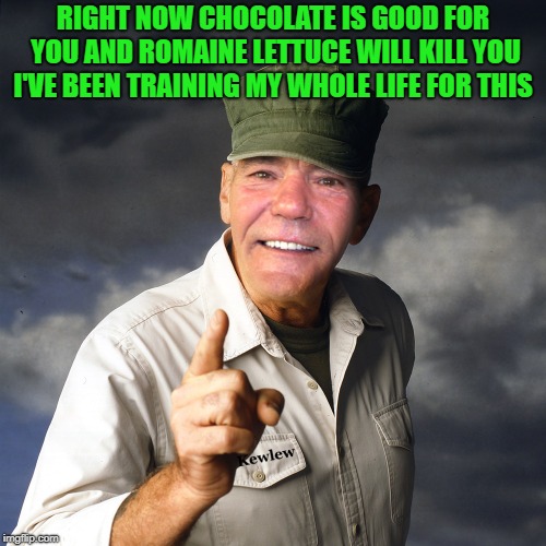 the times are a changing | RIGHT NOW CHOCOLATE IS GOOD FOR YOU AND ROMAINE LETTUCE WILL KILL YOU I'VE BEEN TRAINING MY WHOLE LIFE FOR THIS | image tagged in kewlew,fact,chocolate | made w/ Imgflip meme maker