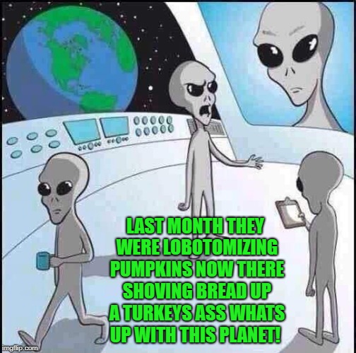 alien observations | LAST MONTH THEY WERE LOBOTOMIZING PUMPKINS NOW THERE SHOVING BREAD UP A TURKEYS ASS WHATS UP WITH THIS PLANET! | image tagged in aliens,joke,funny | made w/ Imgflip meme maker